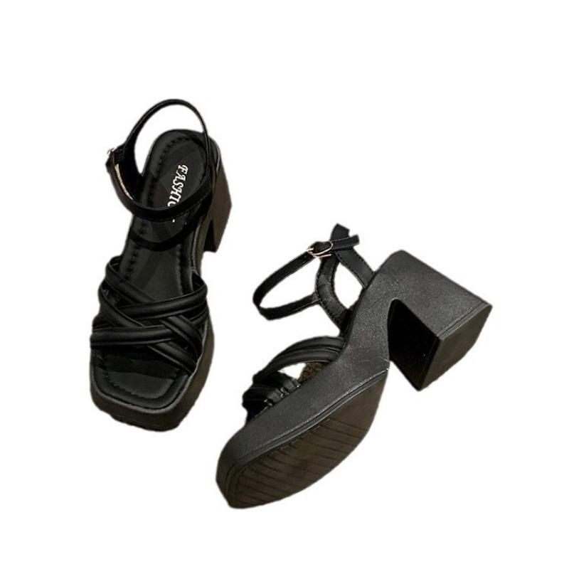 Buckle square head platform sandals summer new square heel open toe cross with high heel sandals women