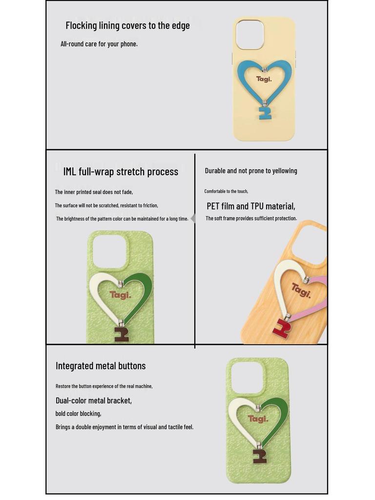 Tags: "Spreading Joy" - Metal Bracket Leather Heart Phone Case for iPhone 16 Pro Max, Anti-Fingerprint.
