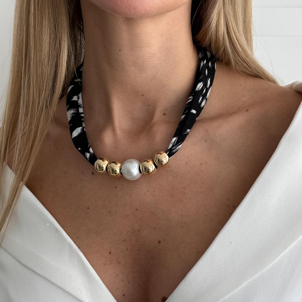 Vintage Leopard Print Silk Scarf Flannel Knotted Necklace Female, Creative Imitation Pearl Ccb Beaded Neck Chain Necklace