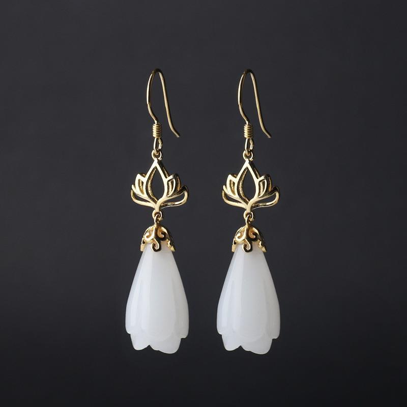 Natural Hetian White Jade Earrings Chinese Retro Lotus Unique Pattern Designer Craft Charm Women's Brand Jewelry