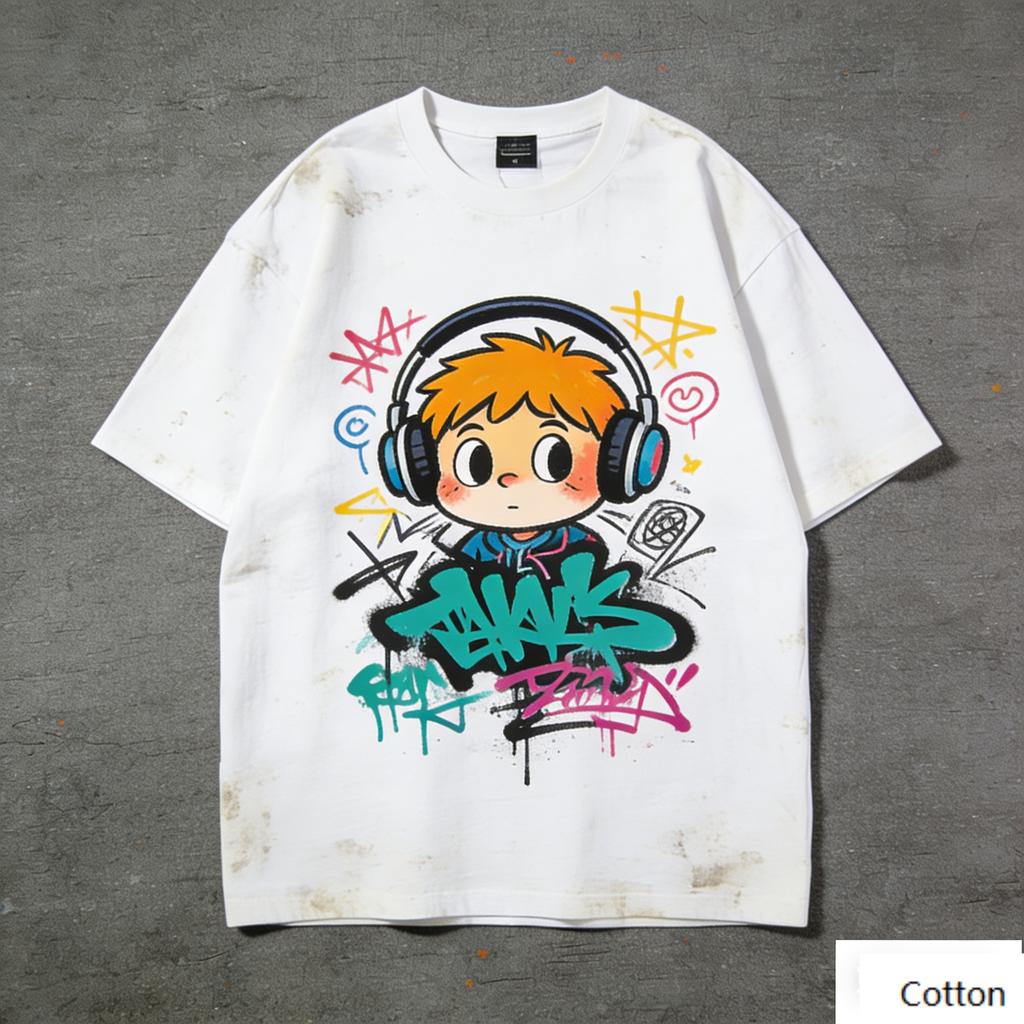 Vintage Music Cartoon Boy Graphic T Shirt, Cotton Crew Neck Short Sleeve Tee, Headphone Graffiti Print Unisex Top