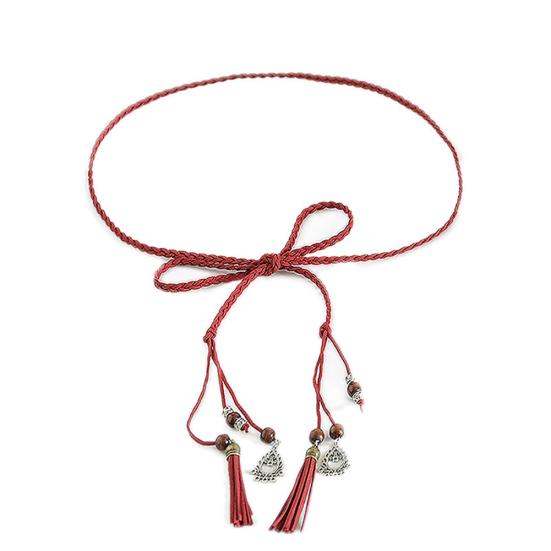 Women Braided Beads Tassels Thin Skinny Waist Rope Belt Self-Tie Dress Waistband