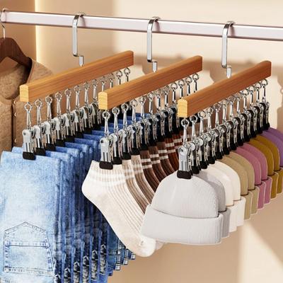 1 PIÈCE Porte-vêtements en bois Multifonctionnel 10 Cintres à pinces Garde-robe Maison Accrochage Chapeau Séchage Sous-vêtements avec Clip Organisateur