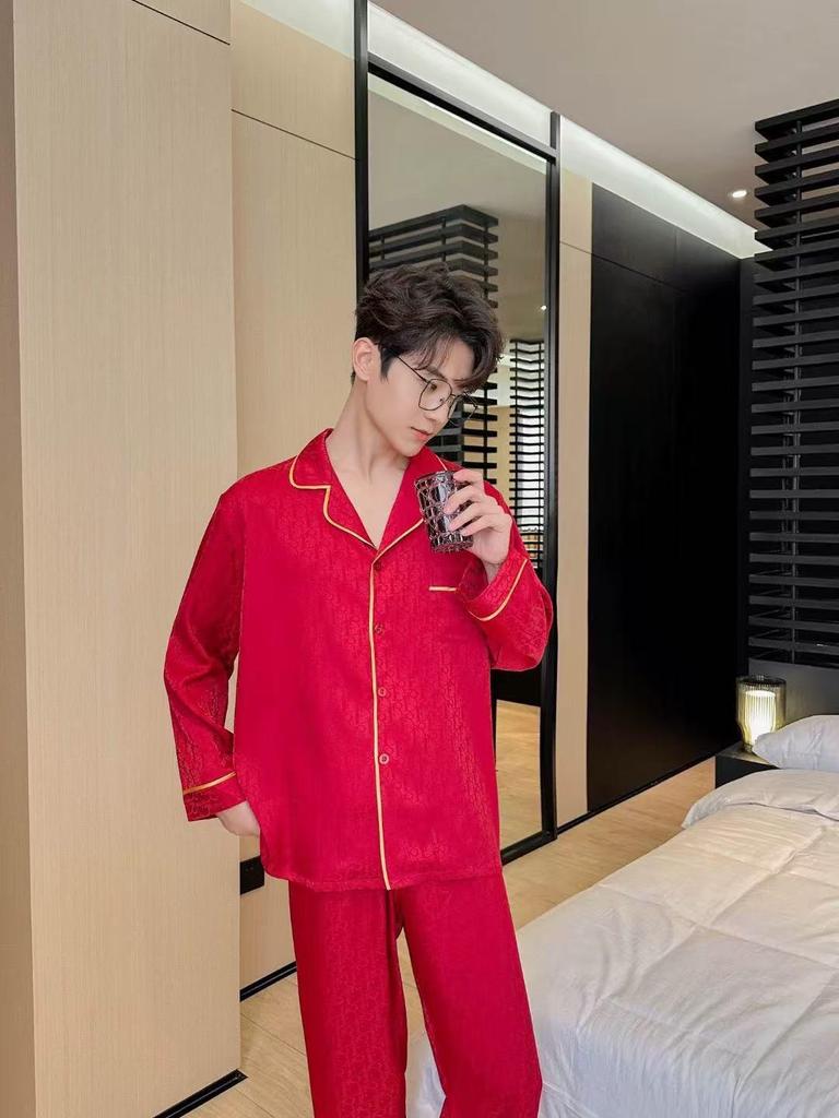 Paar-Eisseiden-Pyjamas für Frühling/Herbst - Rot Luxuriös Locker geschnitten, Übergröße verfügbar für Damen & Herren