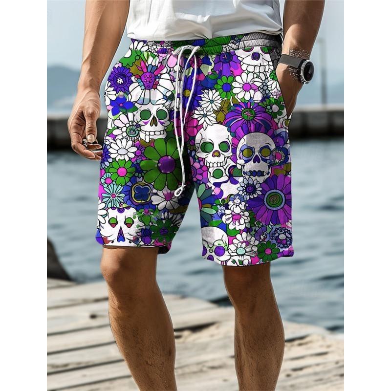 2024 Skull Flower Graphic Men's Resort 3D Printed Board Shorts Swim Trunks Elastic Waist Drawstring Hawaiian Style Holiday Beach
