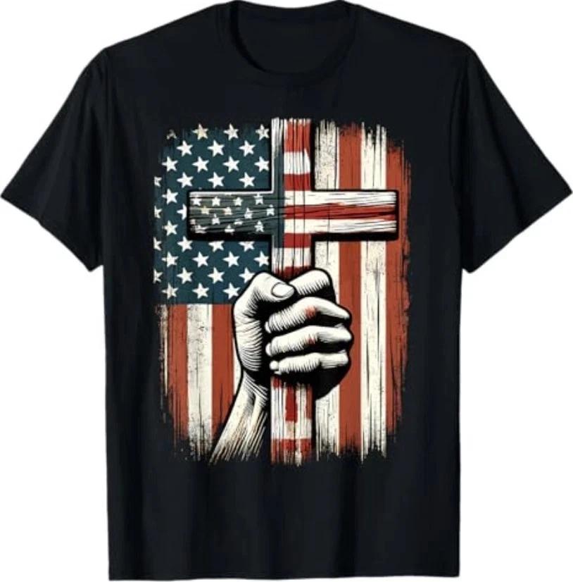 American USA Flag Christian Cross T Shirt 4th Of July Gift S