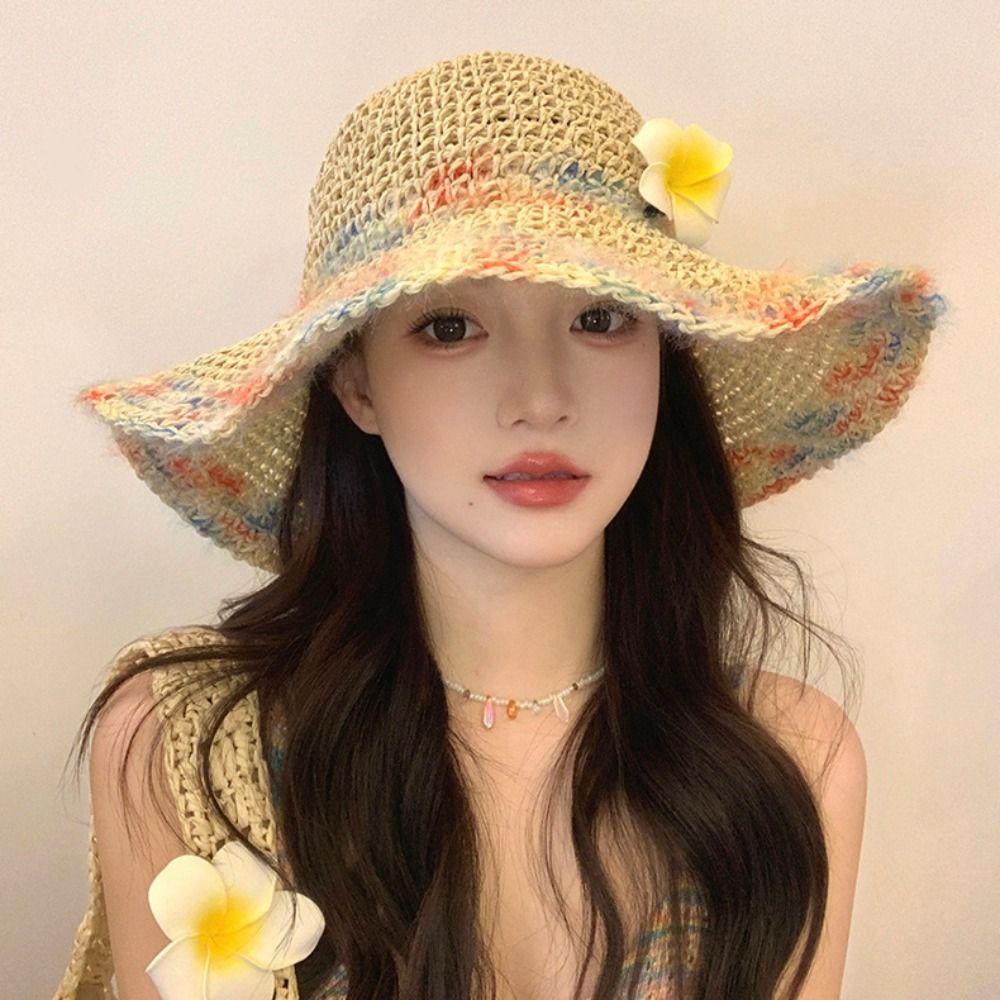 Colorful Wide Brim Straw Hat Foldable UV Protection Cap Casual Women's Sun Visor Hats  Travel