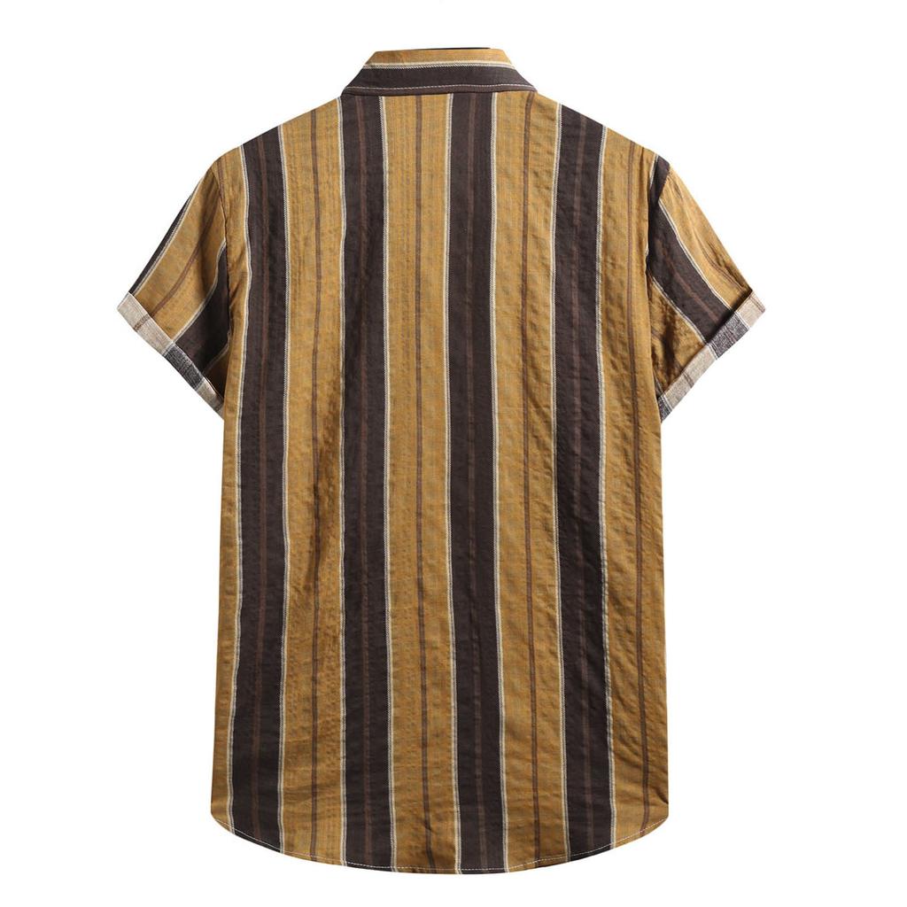 Blusa de manga corta con botones y estampado de rayas de lino y algodón a la moda para hombre