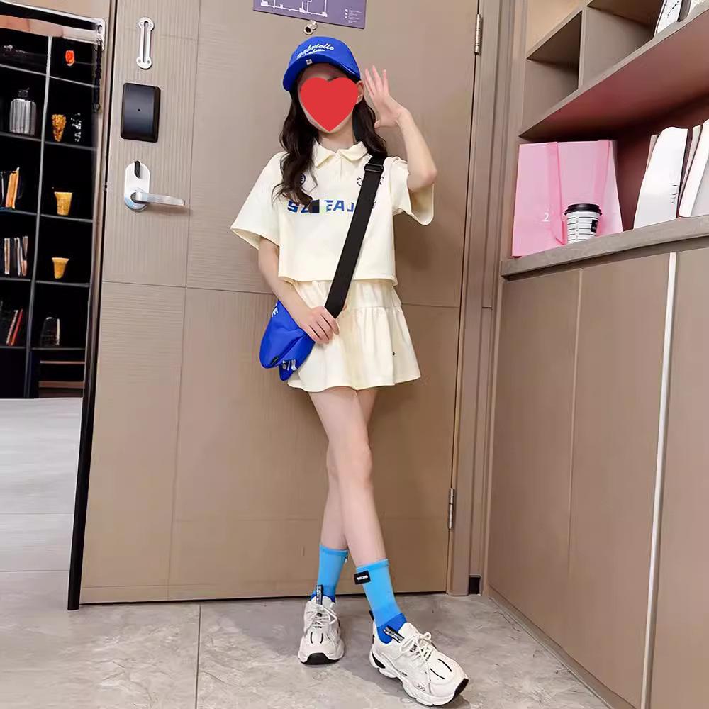 Girls' Summer 2024 Polo Collar Letter Top & Pants Set