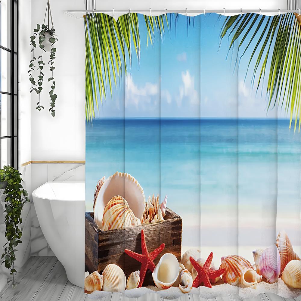 Ocean Coconut Tree Starfish Shell Crate Shower Curtain, Bathroom Decorative Shower Curtain, Waterproof Shower Curtain with Hooks