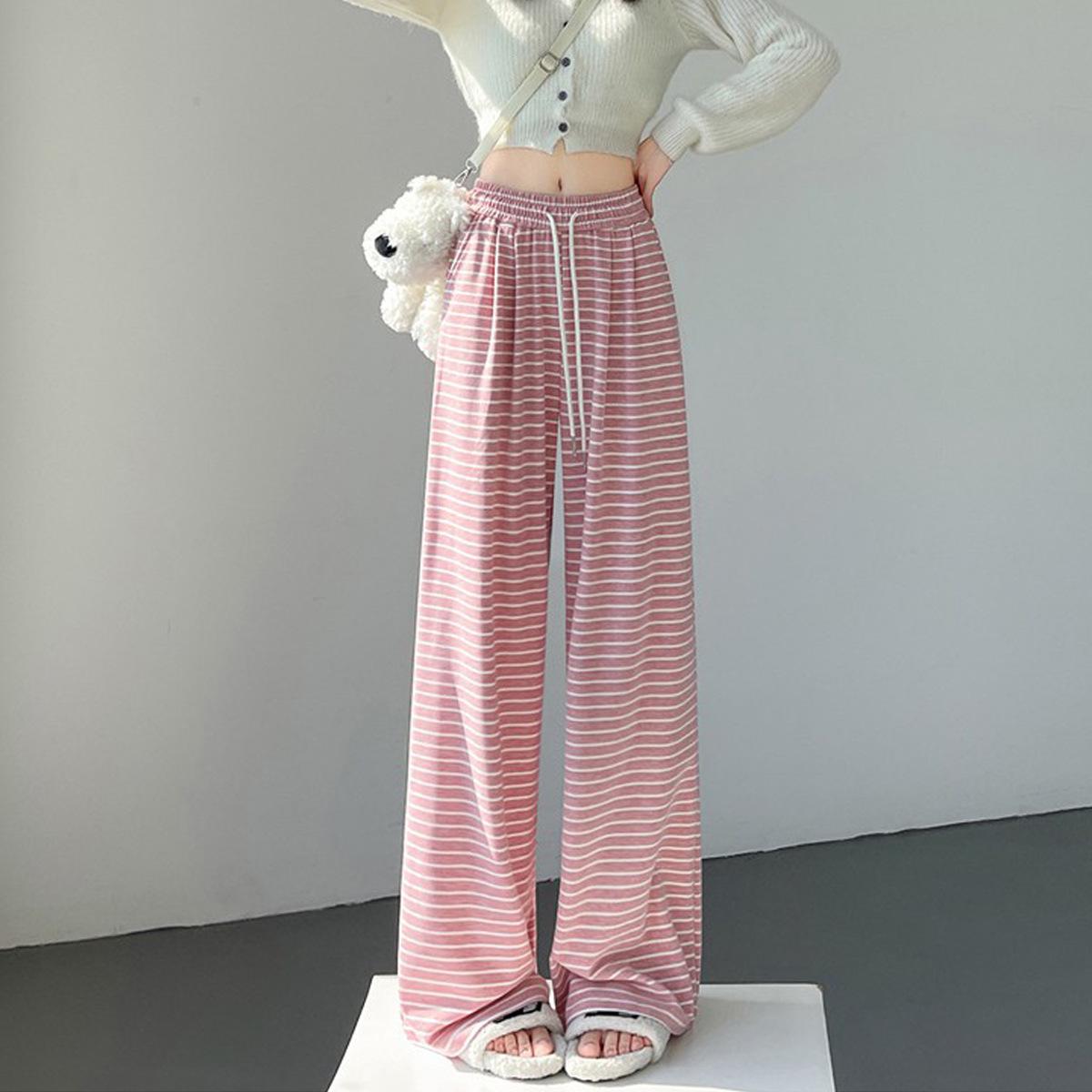 

Women s High Waist Striped Wide-Leg Glutinous Rice Pants - Versatile, Loose, Floor-Length, Casual Wear for Spring and Autumn XL [121-140 lbs]