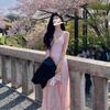 French pink lace dress women's summer new vacation style age-reducing temperament sleeveless waist A-shaped long skirt