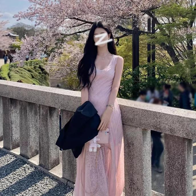 French pink lace dress women's summer new vacation style age-reducing temperament sleeveless waist A-shaped long skirt