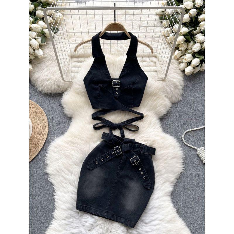 American Style Sexy Denim Tied Slim Fit Short Halterneck