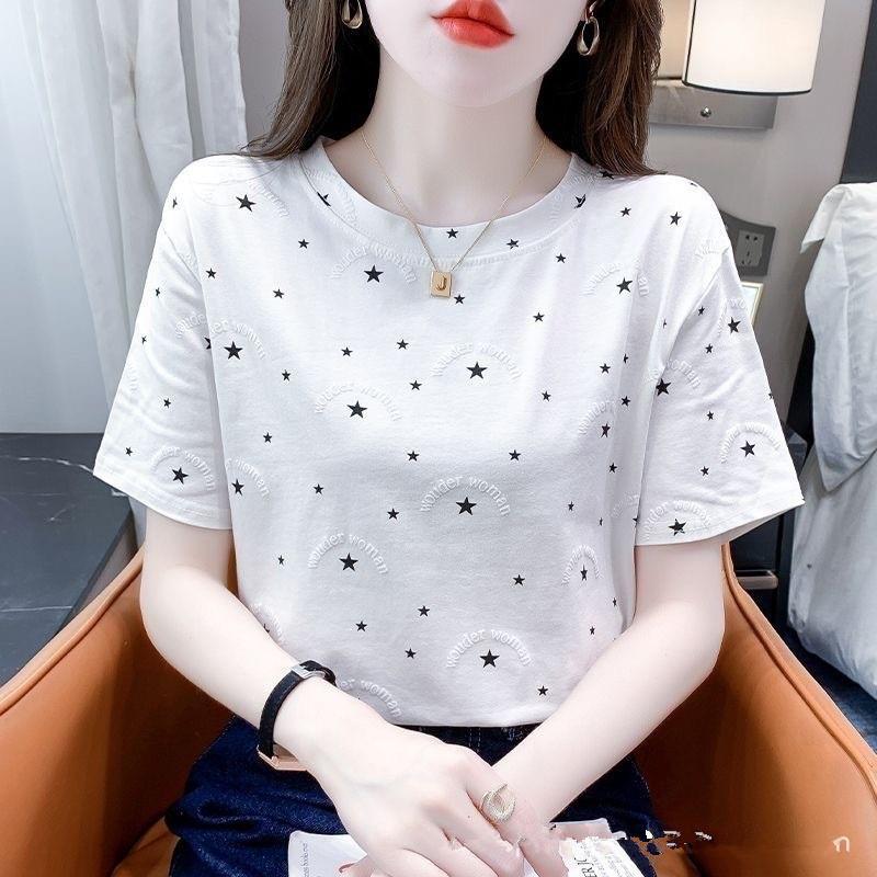 Fashion Summer Short Sleeve Star Printed Women Cotton T Shirt Blouse Top