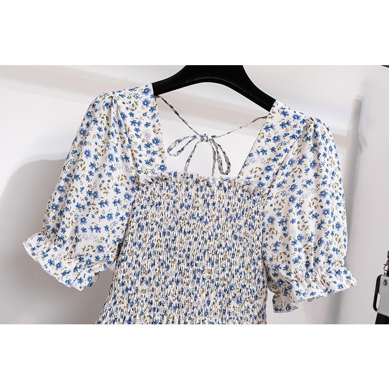 GMXIA Women's Fashion Spring Autumn Floral Print Short Long Sleeve Square Collar High Waist Casual Dresses