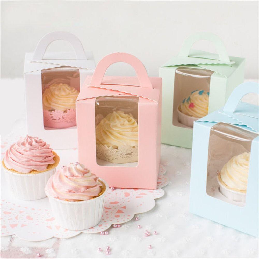 50pcs Portable Cupcake Box With Handle Clear Window Muffin Box Disposable With Inner Tray Pastry Box Dessert Display