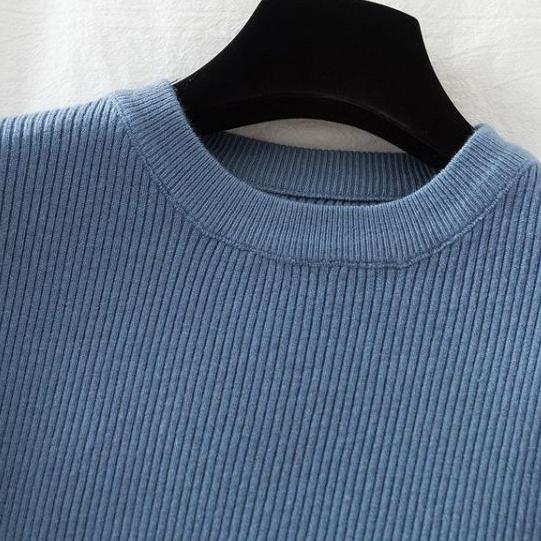 Autumn and Winter Women's Crew Neck Sweater Slim Fit Long Sleeve Pullover Knitwear Stretch Knit Top