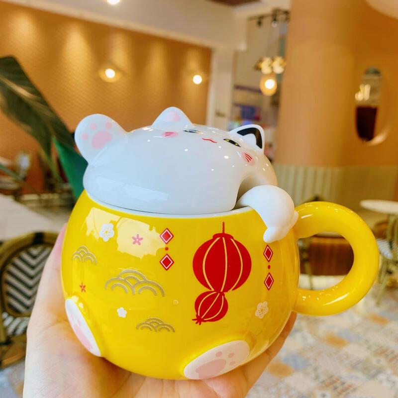 Chinese Style Lucky Cat Ceramic Mug Cup with Lid & Spoon