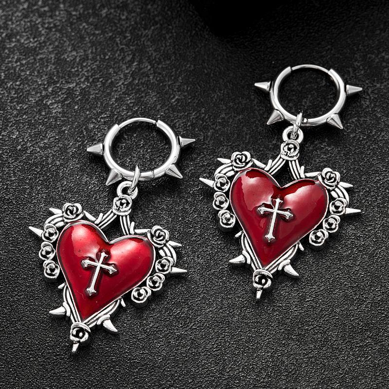 Goth Schmuck Dornen Herz Kreuz Ohrringe Rotes Tropföl Rose Blume Ohrringe für Damen Punk Charms Accessoires Grunge Ohrringe
