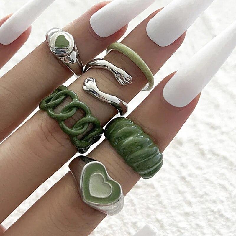 New Green Crystal Heart Kunckle Rings Set For Women Enamel Yin Yang Geometric Finger Ring Girls Fashion Jewelry