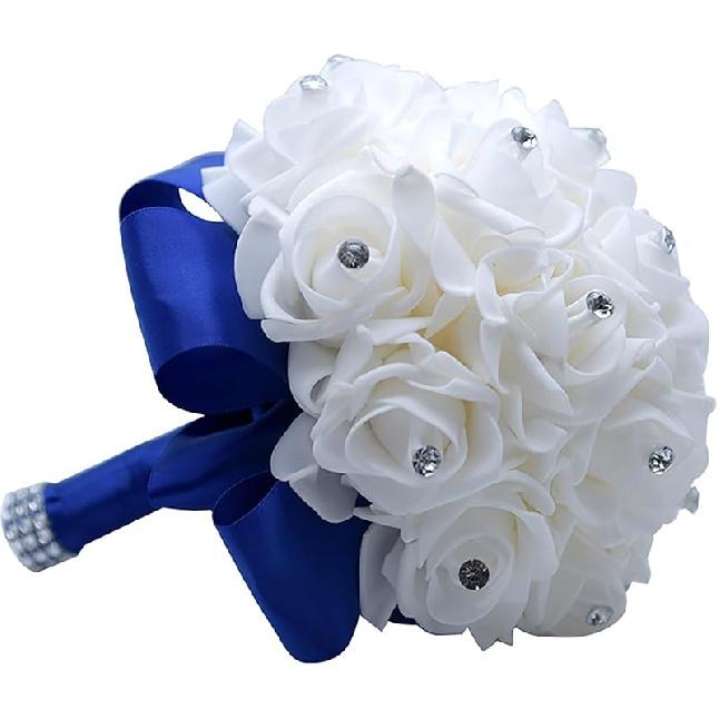 CUIWEI Wedding Bouquets for Bride & Bridesmaid - Hand Roses & Silk Roses Crystal Diamond Artificial Flowers for Wedding Parties, Churches (White)