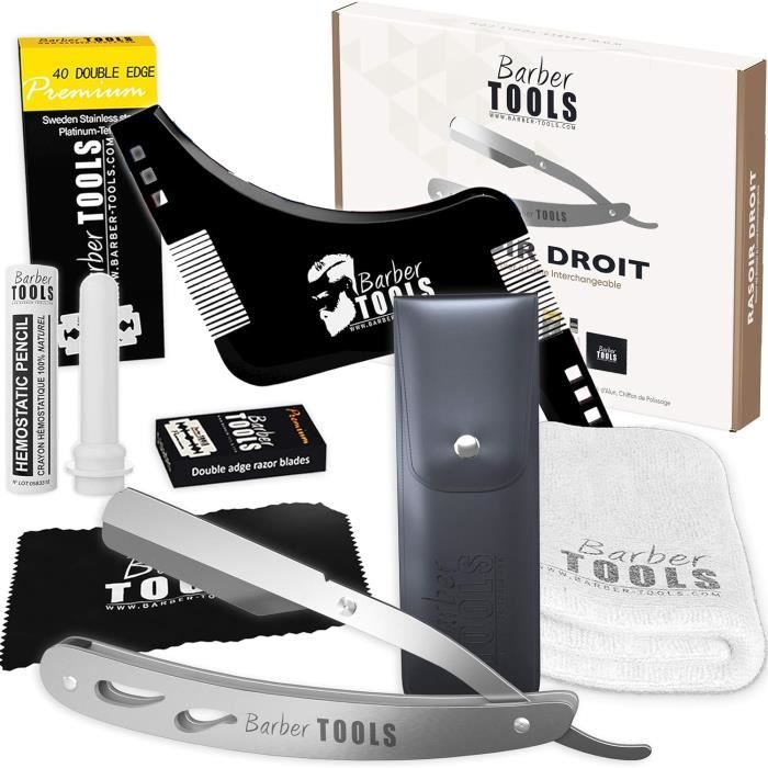 Kit de rasage - Rasoir de barbier - Lames interchangeables - Stick d'alun - Serviette - Peigne pochoir