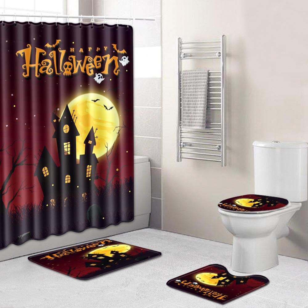 Halloween Shower Curtain Floor Mat Combination Four-Piece Set Bathroom Toilet Carpet Shower Room Foot Door Mat