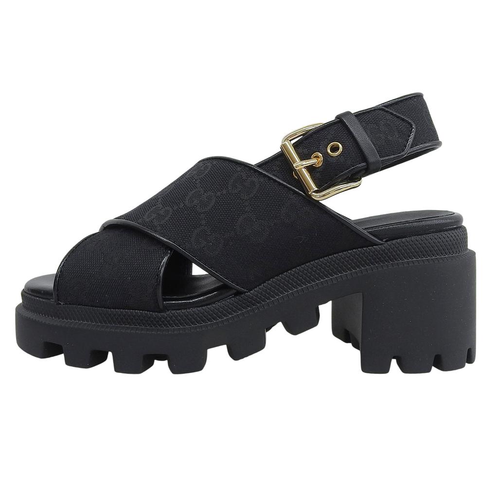 Pristine GUCCI Sandals Cross-strap Platform Black GG Canvas Women 35 749795 Used