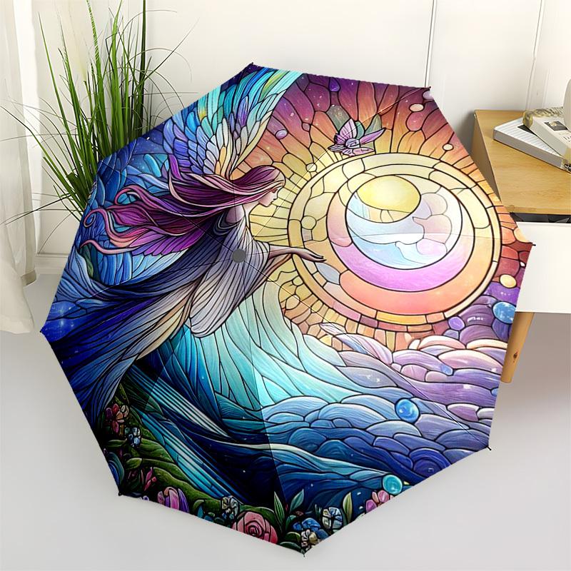1pc Stained Glass Angel Design Automatic Opening Folding Umbrella with 8-Bone Iron Frame - Perfect for Outdoor Use, Festive Gifts, Travel, Daily Use,