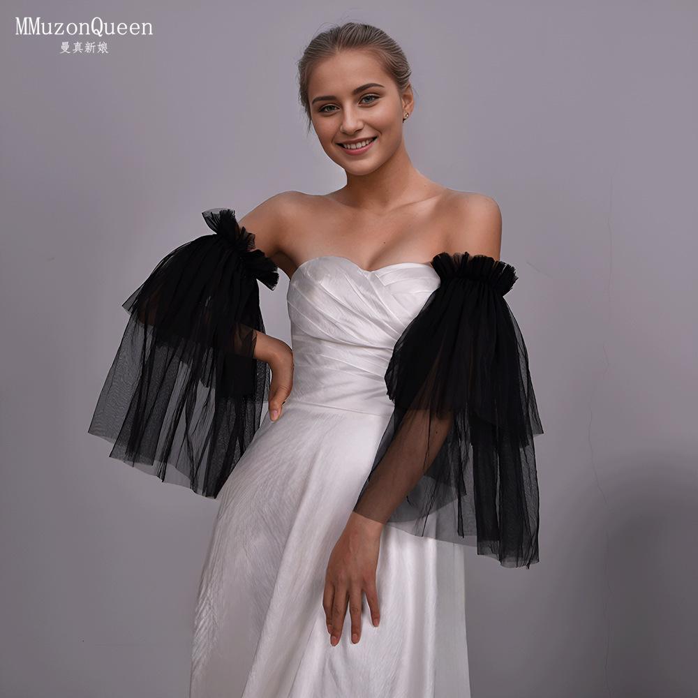 Sheer Tulle Flare Arm Sleeves, Ruffle Elastic Off Shoulder Mesh Cuffs Detachable Bridal Gloves for Wedding Gown Prom Evening Party Photoshoot