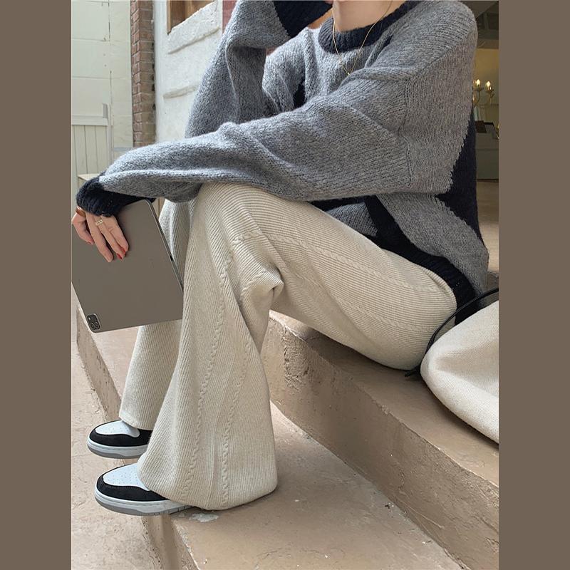 Women's Fashionable Casual Draping Knitted Wide-Leg Pants Elastic Waist Embossed Wool Mopping Trousers