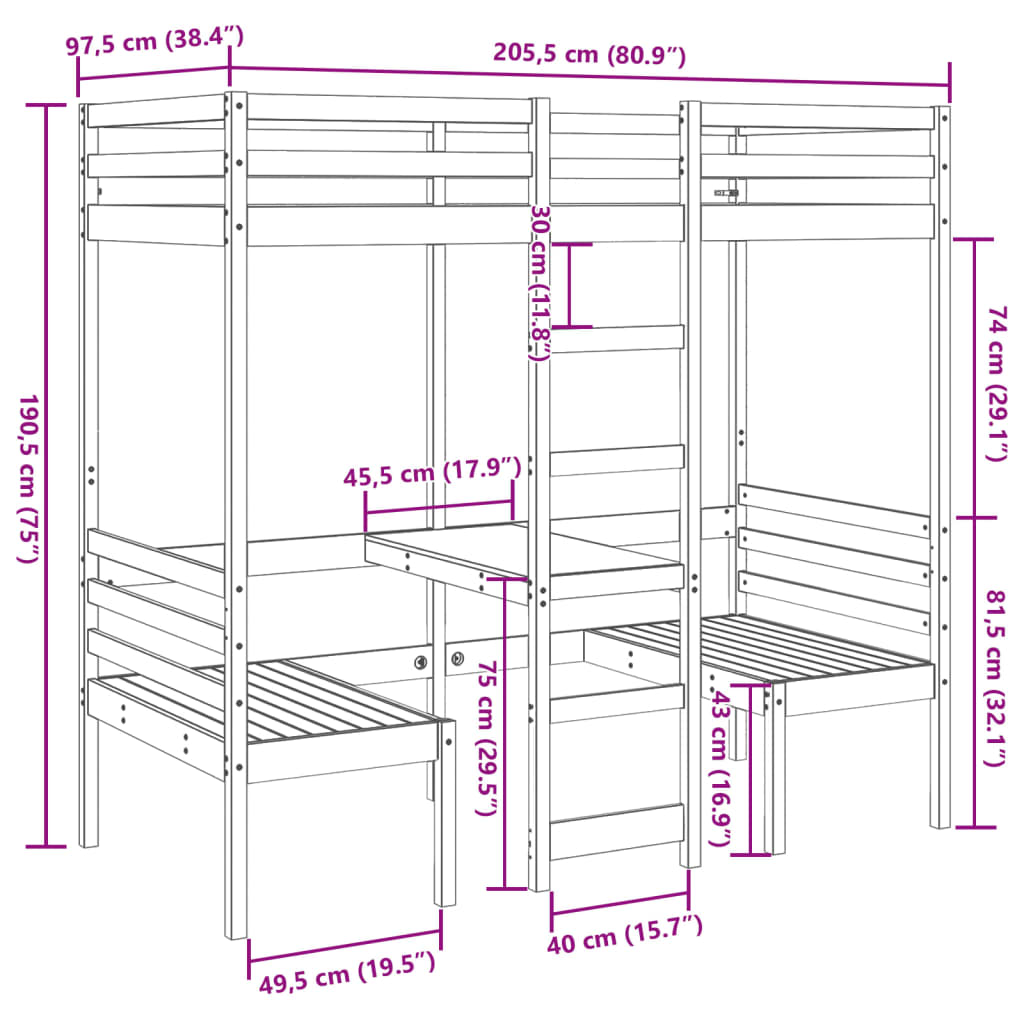 High Bed with Desk & Chairs 90x200 Cm Solid Pine Wood