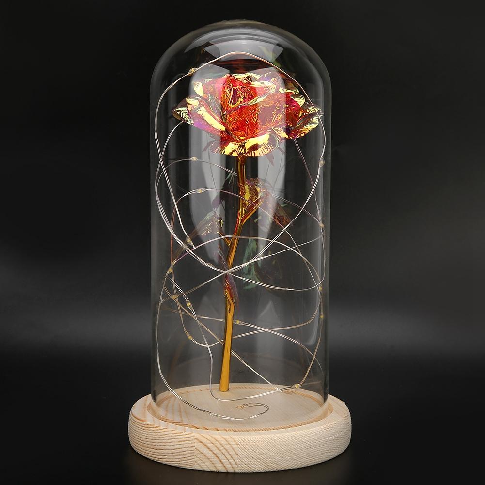 LED Night Light Lamp Wooden Base with Beautiful Rose Valentines Gift Christmas Presentpink