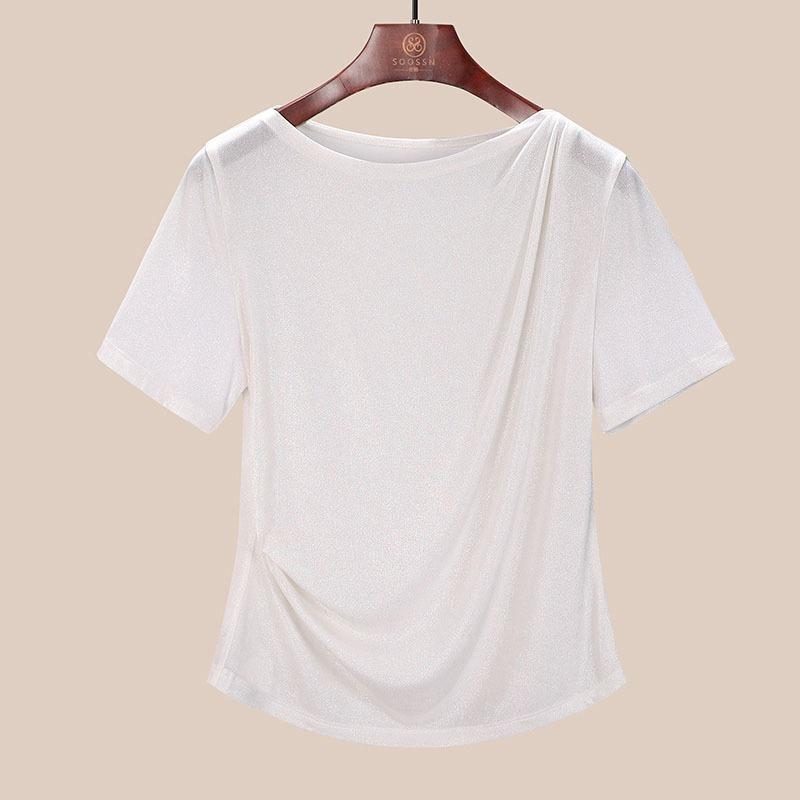 Dámské letní nové módní jednobarevné A-střihové rameno odhalující zeštíhlující univerzální top s krátkým rukávem