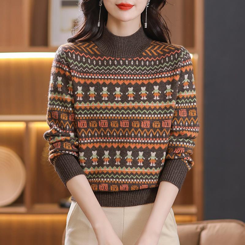 

Винтажный вязаный свитер женский зимний с полувысоким воротом модный жаккардовый пуловер свободный базовый слой топ One Size темно-коричневого