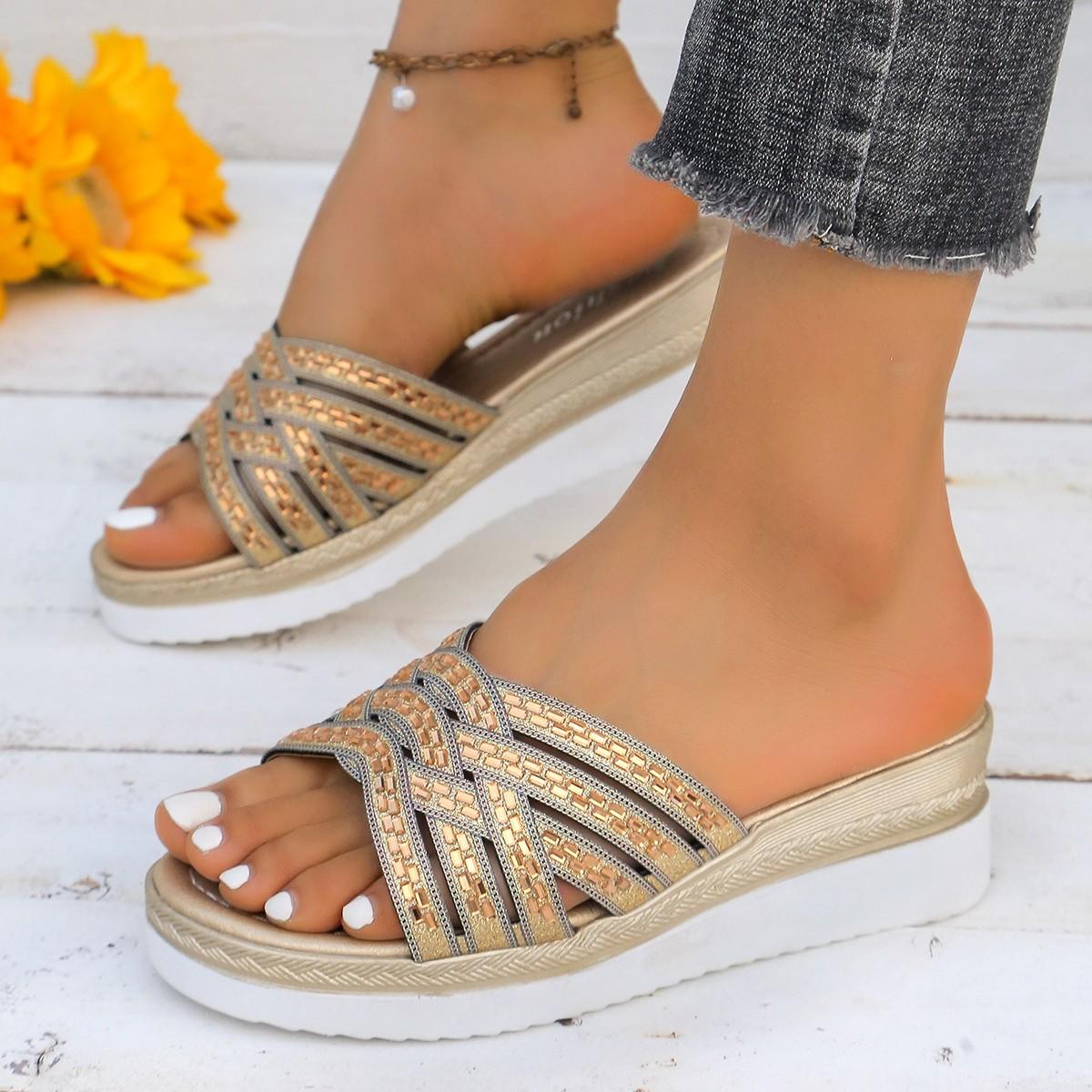 

Women s Large Size Spring and Summer New Fashion Rhinestone High Heel Wedge Sandals Women s Muffin Platform Slipper 43 золотий