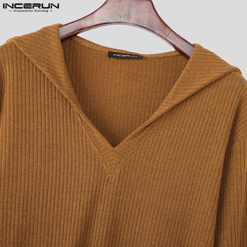 INCERUN Autumn Men Lapel V Neck Long Sleeve Texture Ribbed Knitted Casual Pullover Tops