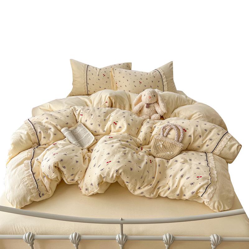 Korean Style Lace Skin-Friendly Double Layer Gauze Printed Bedding Set - Three or Four Pieces