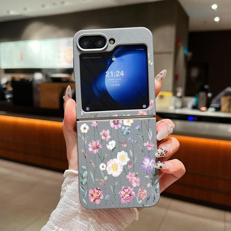 Leather Texture Soft TPU Folding Case For Samsung Galaxy Z Flip7 Flip6 Flip5 Flip4 Z Flip 7 FE 6 5 3 5G Plant Print Phone Cover
