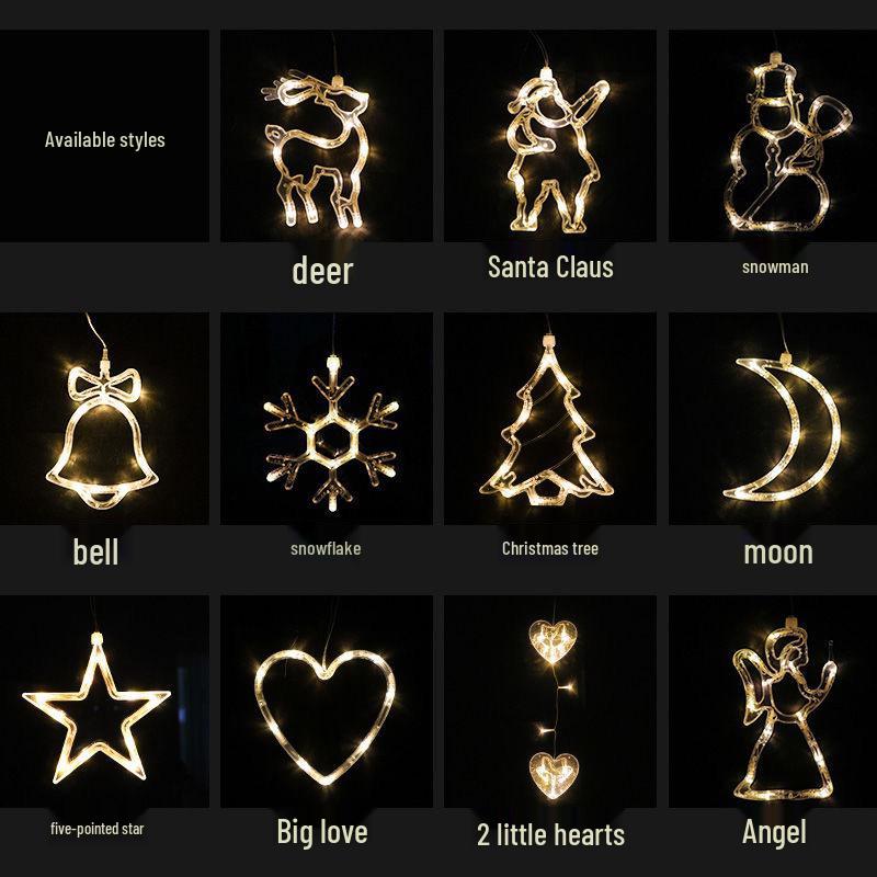 LED Christmas Window Suction Cup String Lights with Tree, Santa, Snowman, and Stars