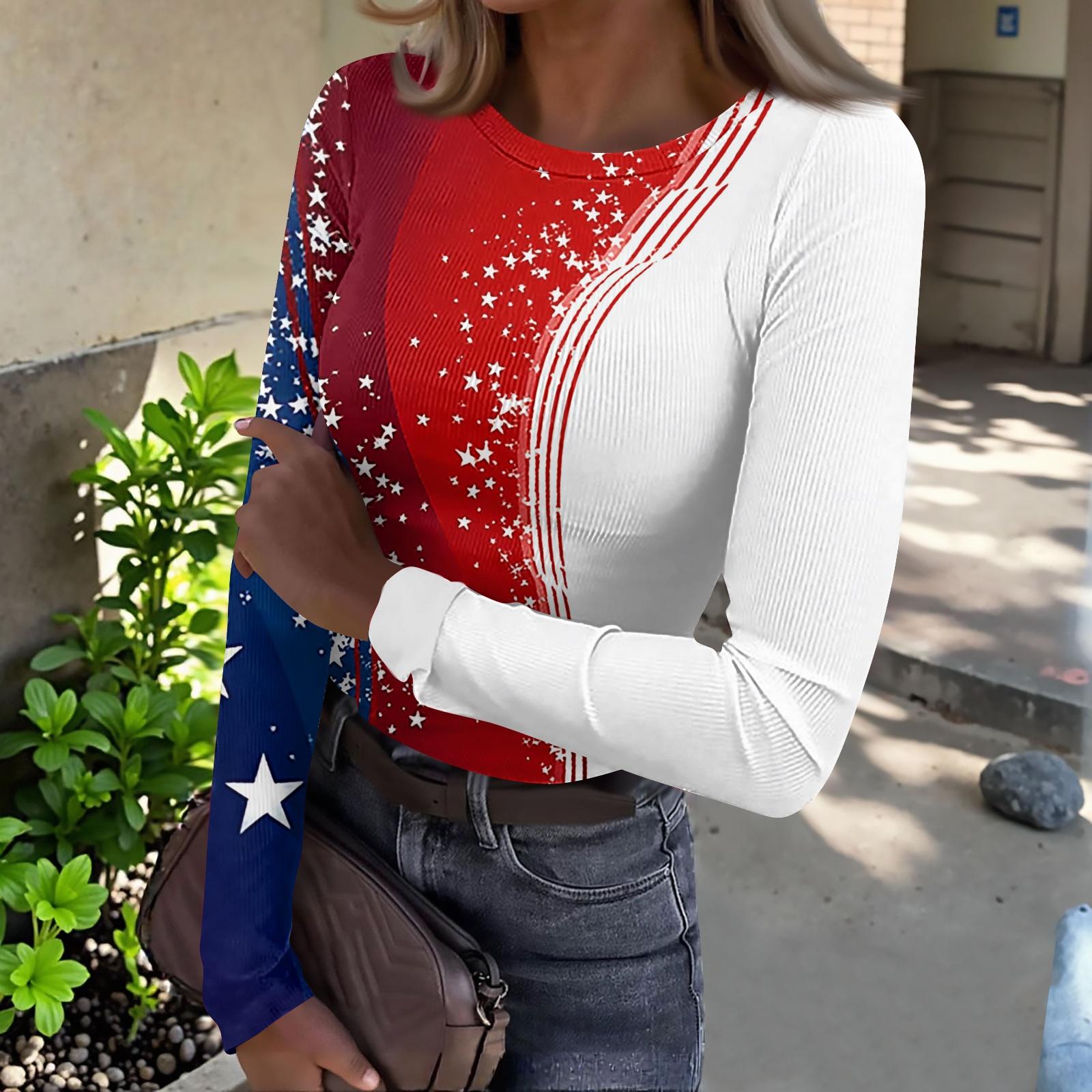 

Women s Casual Fashion Round Neck Independence Day Print Long Sleeve Ribbed Top XL білий