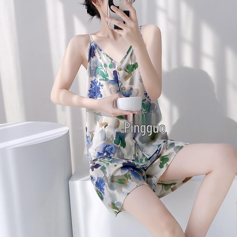 Neo-Chinese Cotton Silk Camisole Pajama Set for Women - Summer 2025 Beach Style