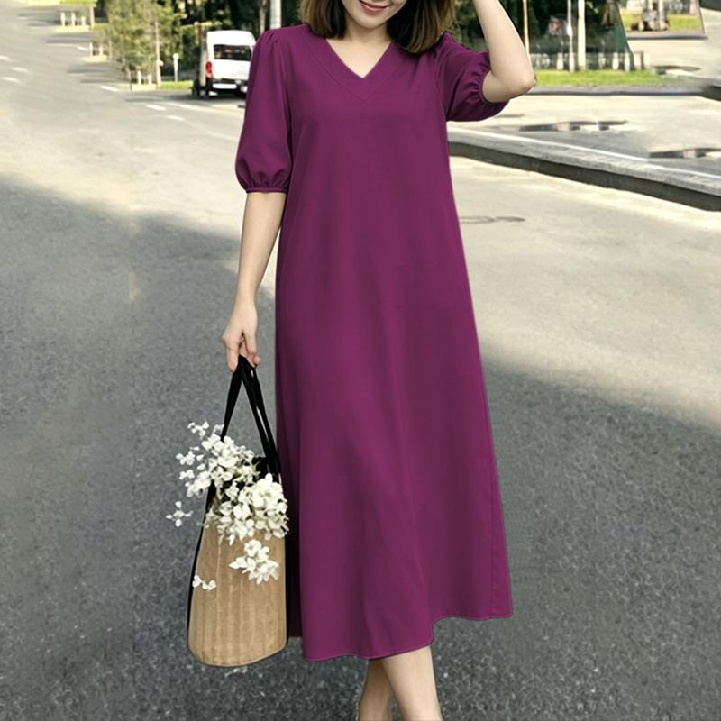 ZANZEA Women Casual V-Neck Solid Color Loose Half Sleeve Dress