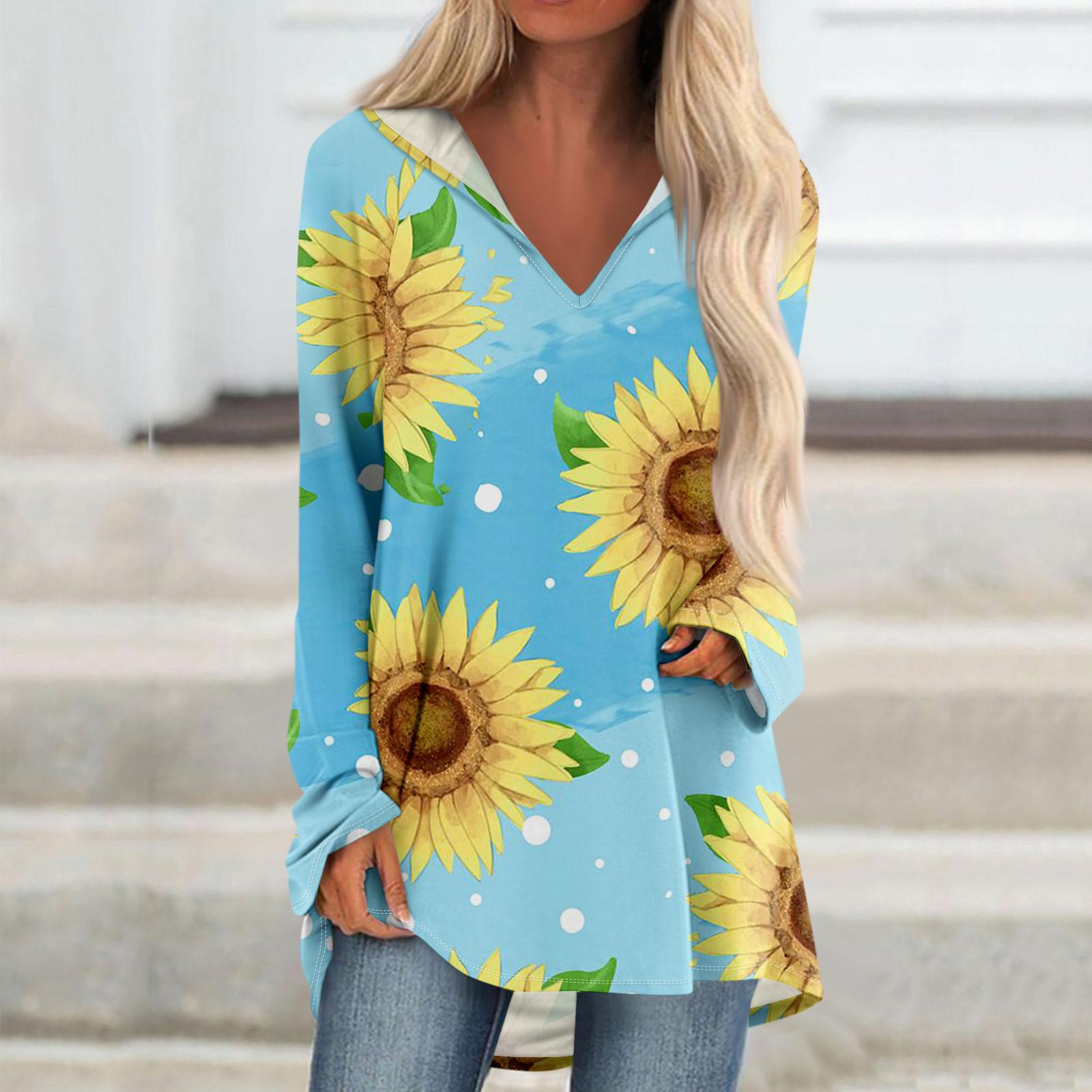 Женские свободные топы с V-образным вырезом и капюшоном с длинными рукавами — фото 11