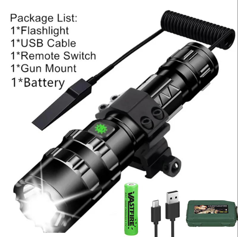 LED Tactical Hunting Flashlight USB Rechargeable Waterproof Torch Lamp Professional Shooting Night Scout Lights Set