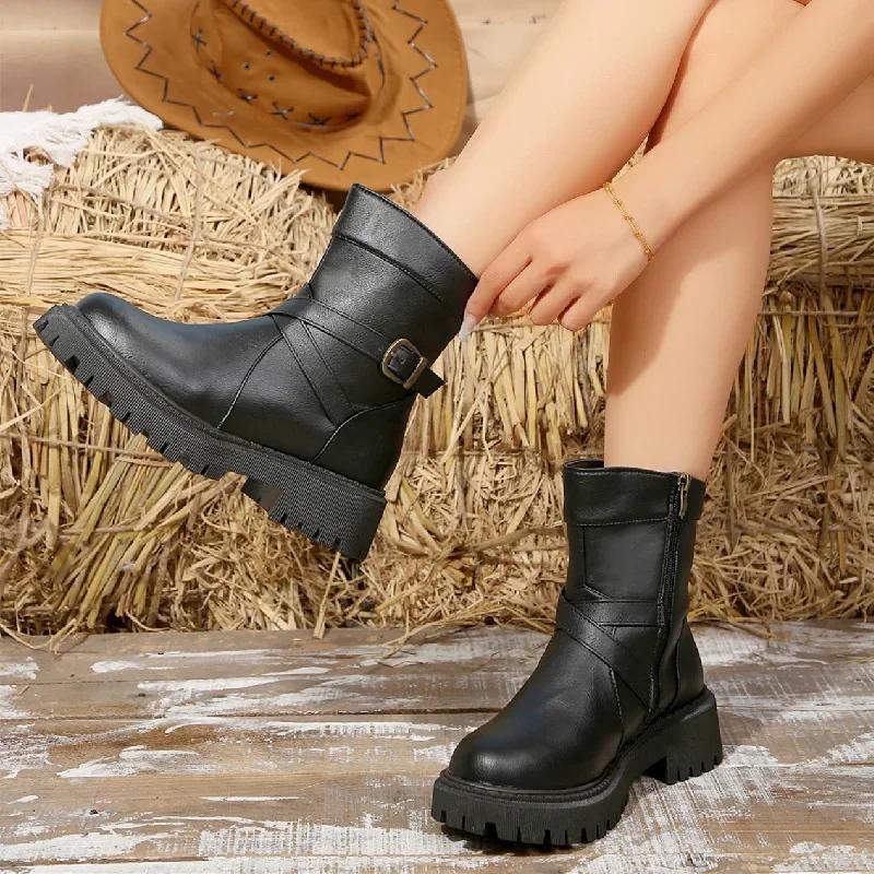 Fashion Leather Side Zipper Short Boots for Women Cross Border Round Toe Thick Soled Belt Buckle Rider Leather Boots