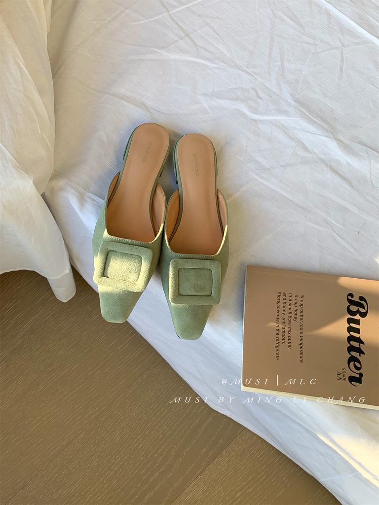 2025 Womens Summer Sandals Lady Mules Basic Style Shoes Natual Suede French Style Buckle Slippers Women Pump Pointed Slingback