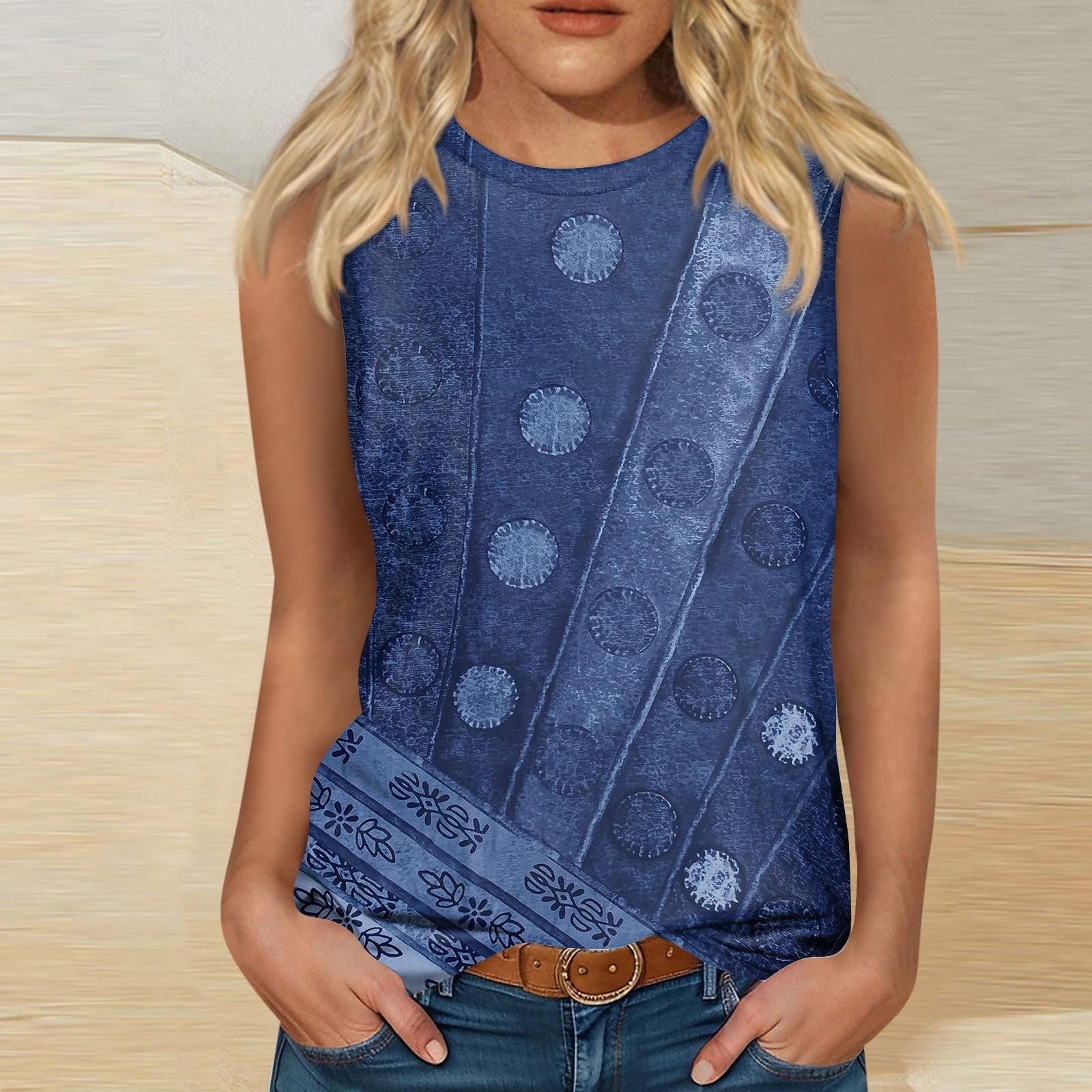 Women s Fashion Casual T-Shirt Round Neck Sleeveless Vintage Printed Vest Top L