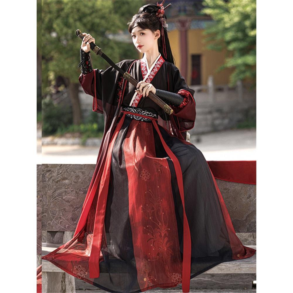 Chinese Song Dynasty Style Hanfu Black And Red Hero Handsome Hanfu Set For Men And Women